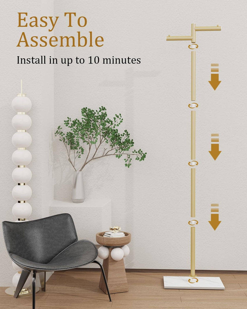 Free-standing Metal Coat Racks, Modern Garment Rack, Z-shaped Coat Tree with Natural Rock Base, for Bedroom, Office, Hallway, Entryway, Living Room, 175cm, Gold