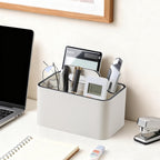 Caddy Organizer with Handle, PU Leather Remote Control Holder Desk Caddy, Portable Makeup Office Supply Organizer for Bathroom, Nightstand, Dresser (Cream)