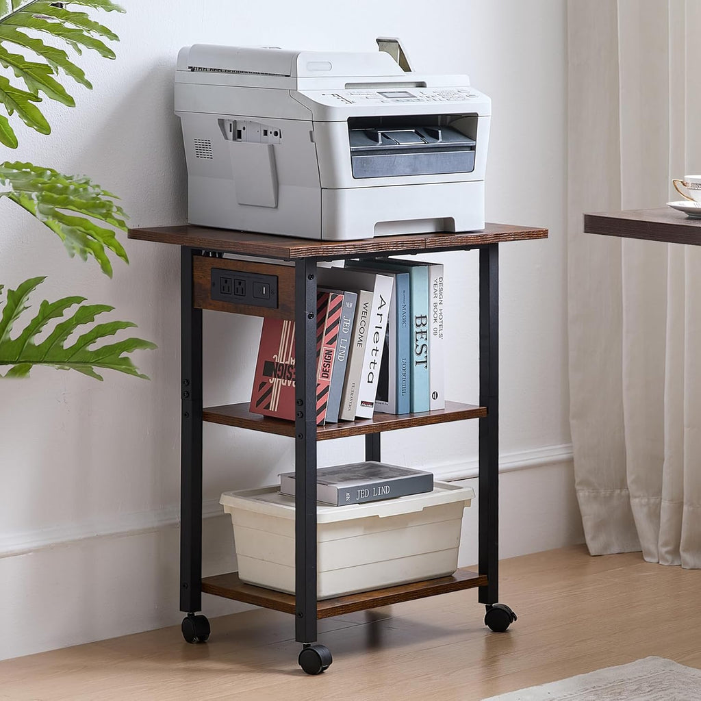 Lerliuo 3-Tier Printer Stand with Charging Station, Industrial Mobile Printer Table with Storage Shelf and Steel Frame, Rolling Printer Cart Holder with Lockable Wheels for Home, Office (Brown)