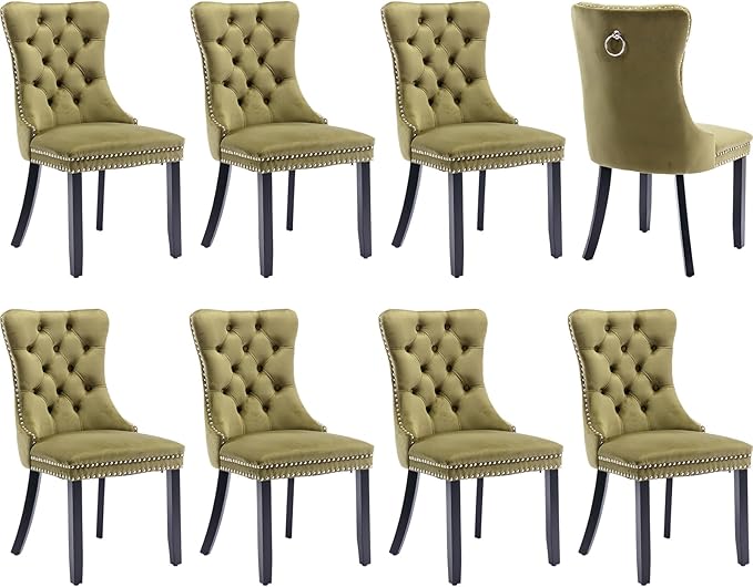 Modern Dining Chairs Set of 8, Tufted Upholstered Dining Chair with Solid Wood Legs, Olive Green Velvet Accent Chair, Sillas de Comedor, Kitchen & Dining Room Chairs (Olive Green, Velvet, 8Pcs)