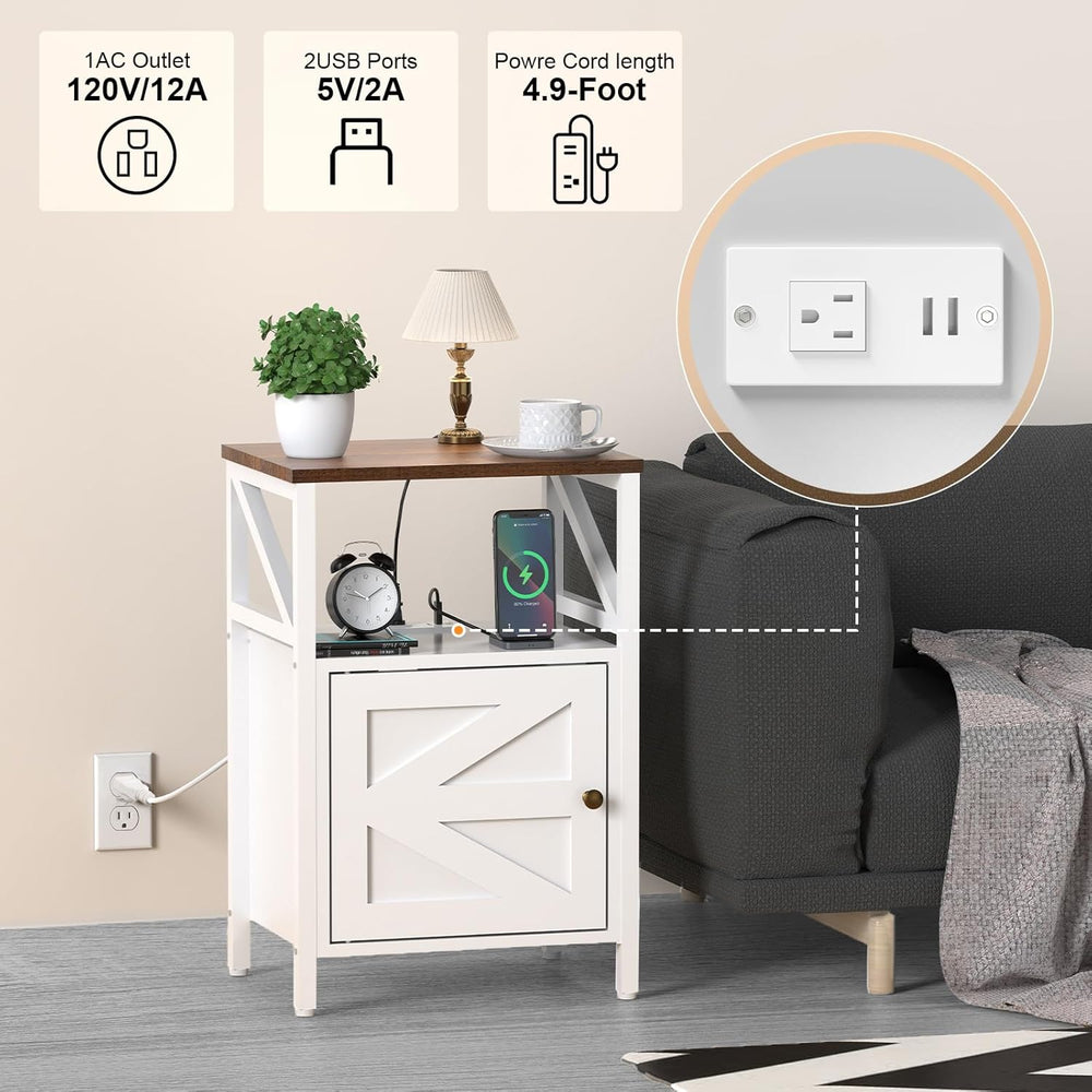 Farmhouse Side Table with Charging Station -3-Tier USB Ports & Outlets En...