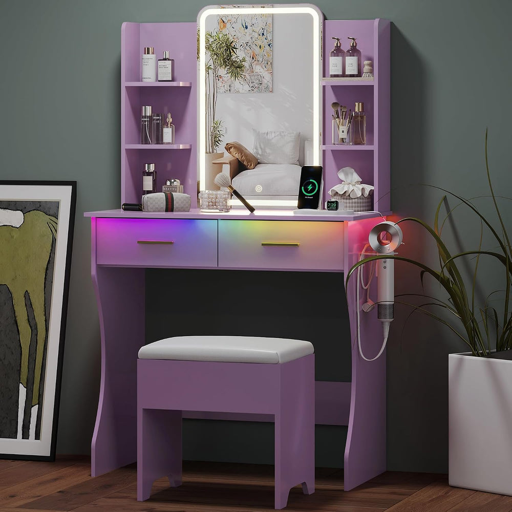 Small Vanity Desk with Mirror and Lights, Makeup Vanity with LED Lights, Purp...