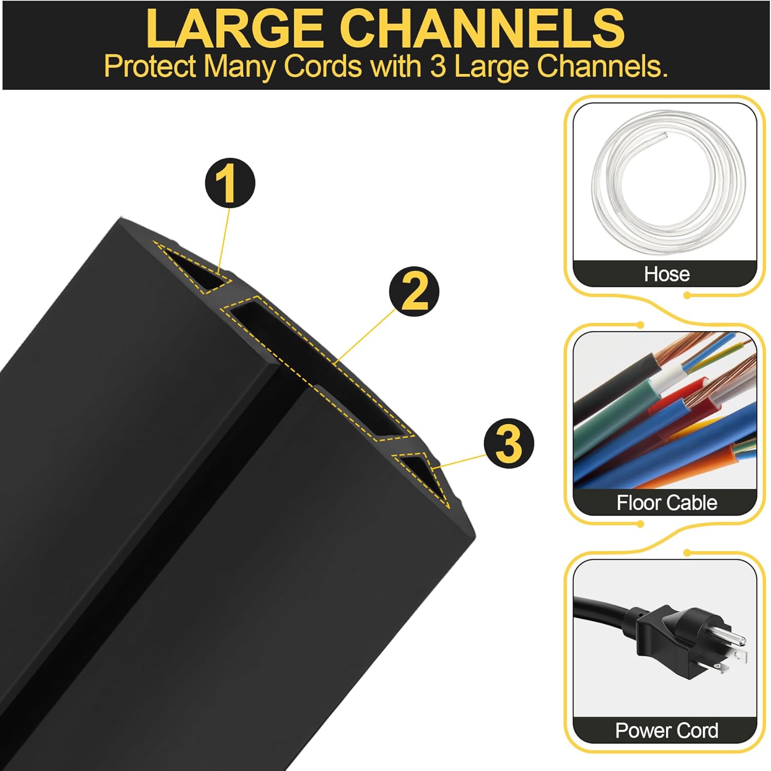 MYFAMIREA 6.5FT Floor Cord Cover Heavy Duty Cable Cover Protector 3 Channels Extension PVC Floor Wire Cover Outdoor Cord Hider Management Cord Cover for Wire on Floor for Home Office Outdoor, Black