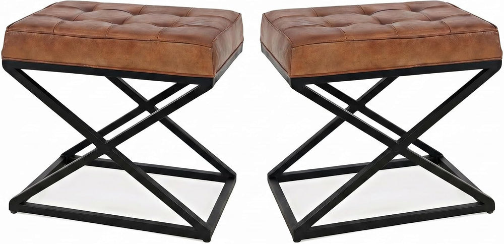 Jofran Global Archive Mid-Century Modern Genuine Leather Ottoman Pre-Assemble...