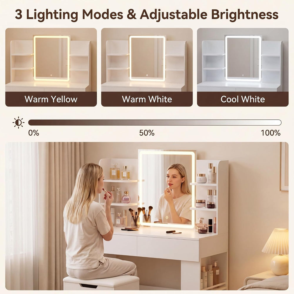 YESHOMY 35.4 Inch Vanity Desk Set with LED Mirror and Lights, Modern White | ...