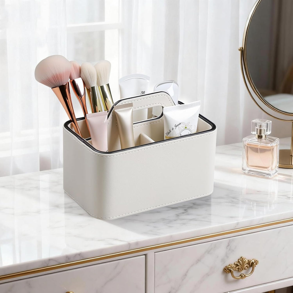 Caddy Organizer with Handle, PU Leather Remote Control Holder Desk Caddy, Portable Makeup Office Supply Organizer for Bathroom, Nightstand, Dresser (Cream)