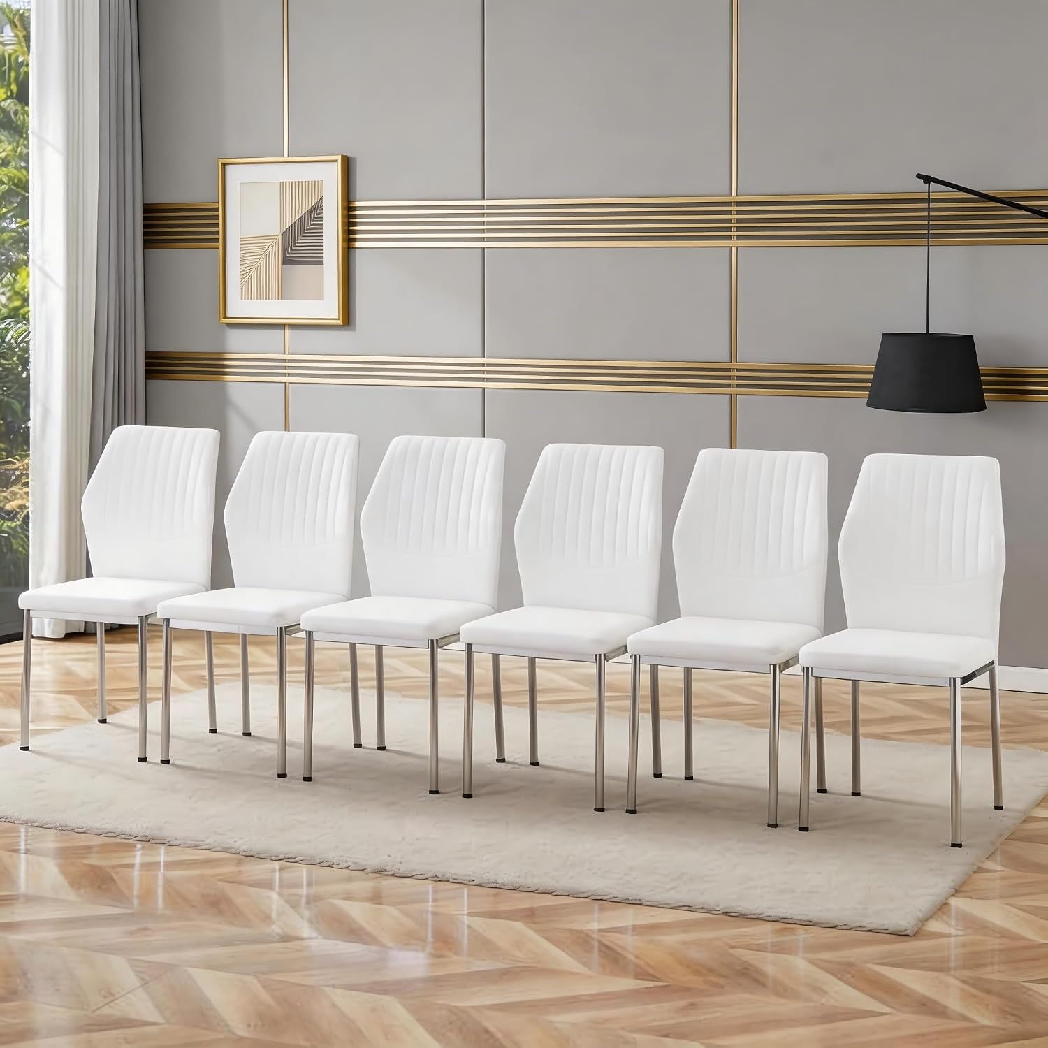 Dining Chairs Set of 6, Modern Upholstered Kitchen Dining Chairs with High Back, Faux Leather White Chairs with Metal Legs, Comfortable Armless Side Chairs for Dining Room Kitchen Living Room