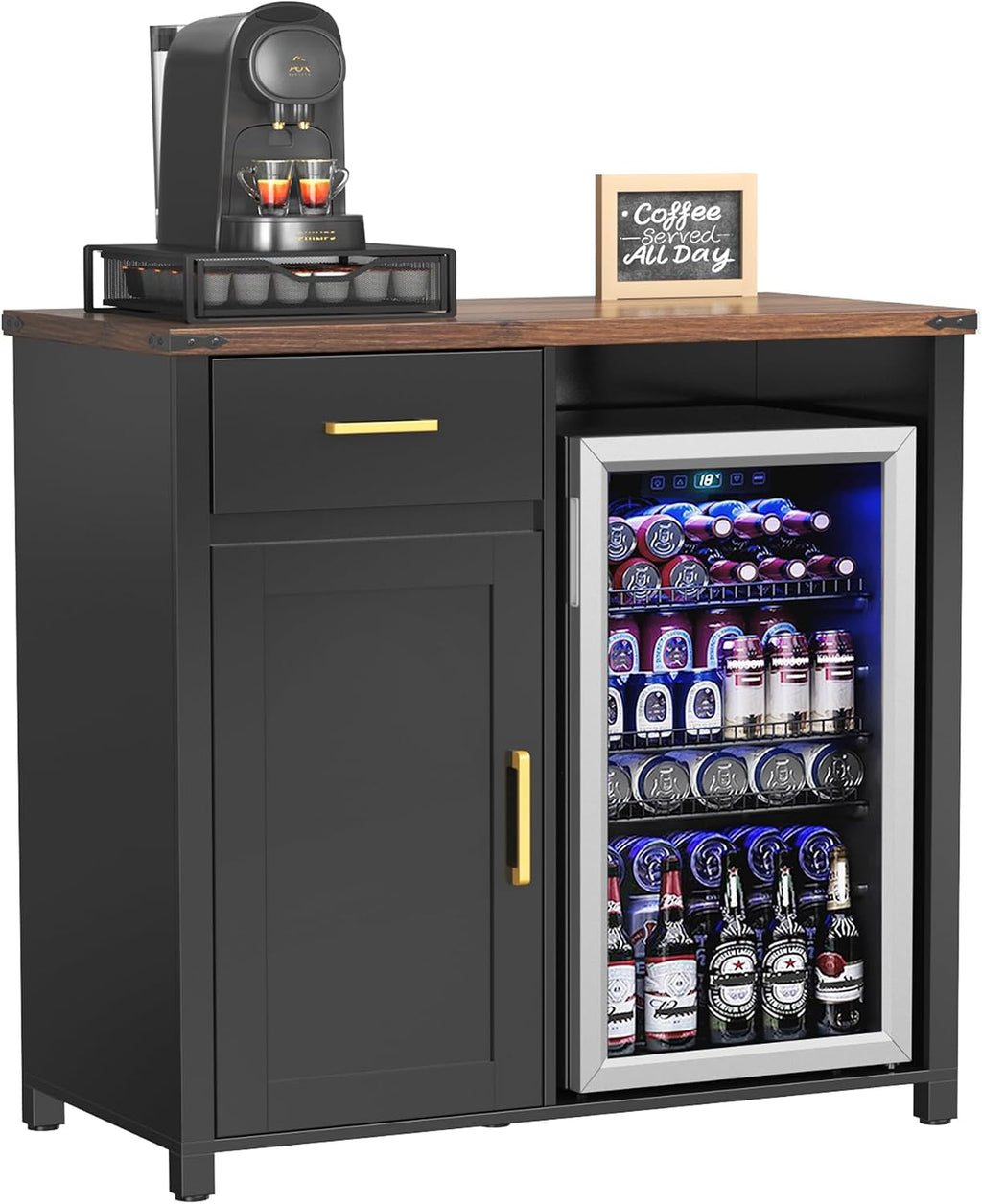 GDLF Coffee Bar Cabinet with Fridge Space, Mini Fridge Stand,Black | Compact Refrigerator Stand, Large Drawer & Cabinet, Black Finish with Warm Brown Top for Kitchen, Office, Dorm & Snack Bar