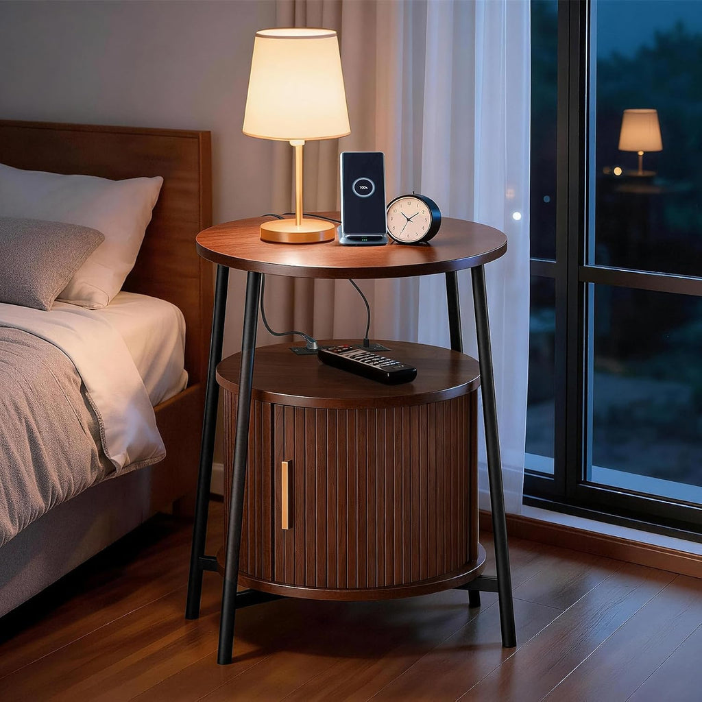 DHH Round End Tables with Charging Station, Fluted Accent Side Table with Sliding Door, Mid-Century Modern Nightstand for Small Space Storage, Living Room, Bedroom,Sofa Couch(1, Walnut)