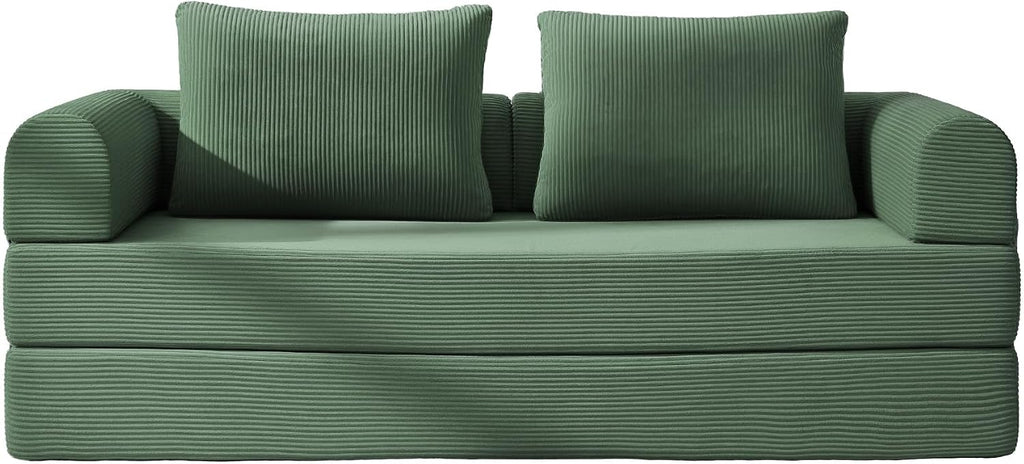 4-in-1 Boneless Folding Convertible Sofa Bed, 78 Inch Corduroy Loveseat Sleeper Couches with Pull Out Bed, Futon Couch for Living Room Bedroom, No Assembly Needed, Green