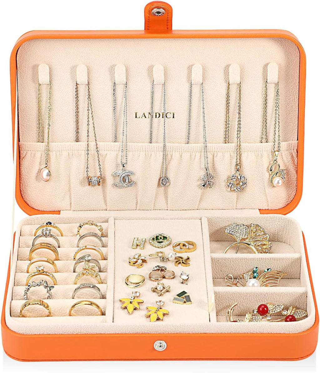 LANDICI Small Jewelry Box for Women Girls, PU Leather Travel Jewelry Case, Portable Jewelry Organizer Storage Holder Display for Ring Earrings Necklace Bracelet Bangle Men Kids Gift, Orange