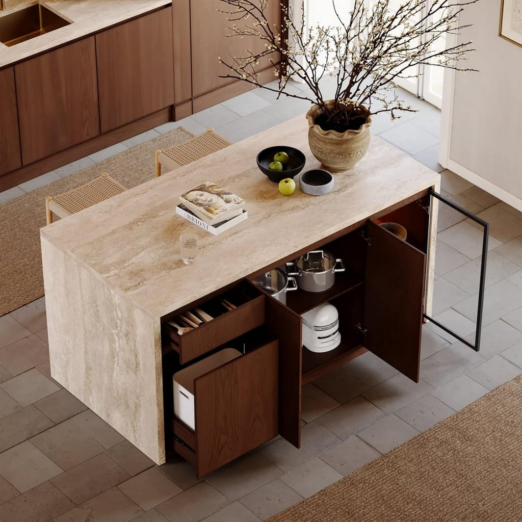 homary 72" Kitchen Island LED & Waterfall Edge - Modern Stationary Large Kitchen Cabinet with 3 Doors, 2 Drawers & Trash Storage, Adjustable Shelves (Matte Travertine & Walnut, Engineered Wood Top)