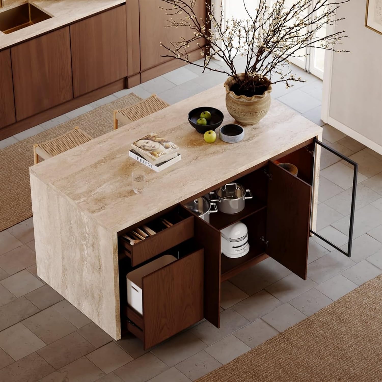 homary 72" Kitchen Island LED & Waterfall Edge - Modern Stationary Large Kitchen Cabinet with 3 Doors, 2 Drawers & Trash Storage, Adjustable Shelves (Matte Travertine & Walnut, Engineered Wood Top)