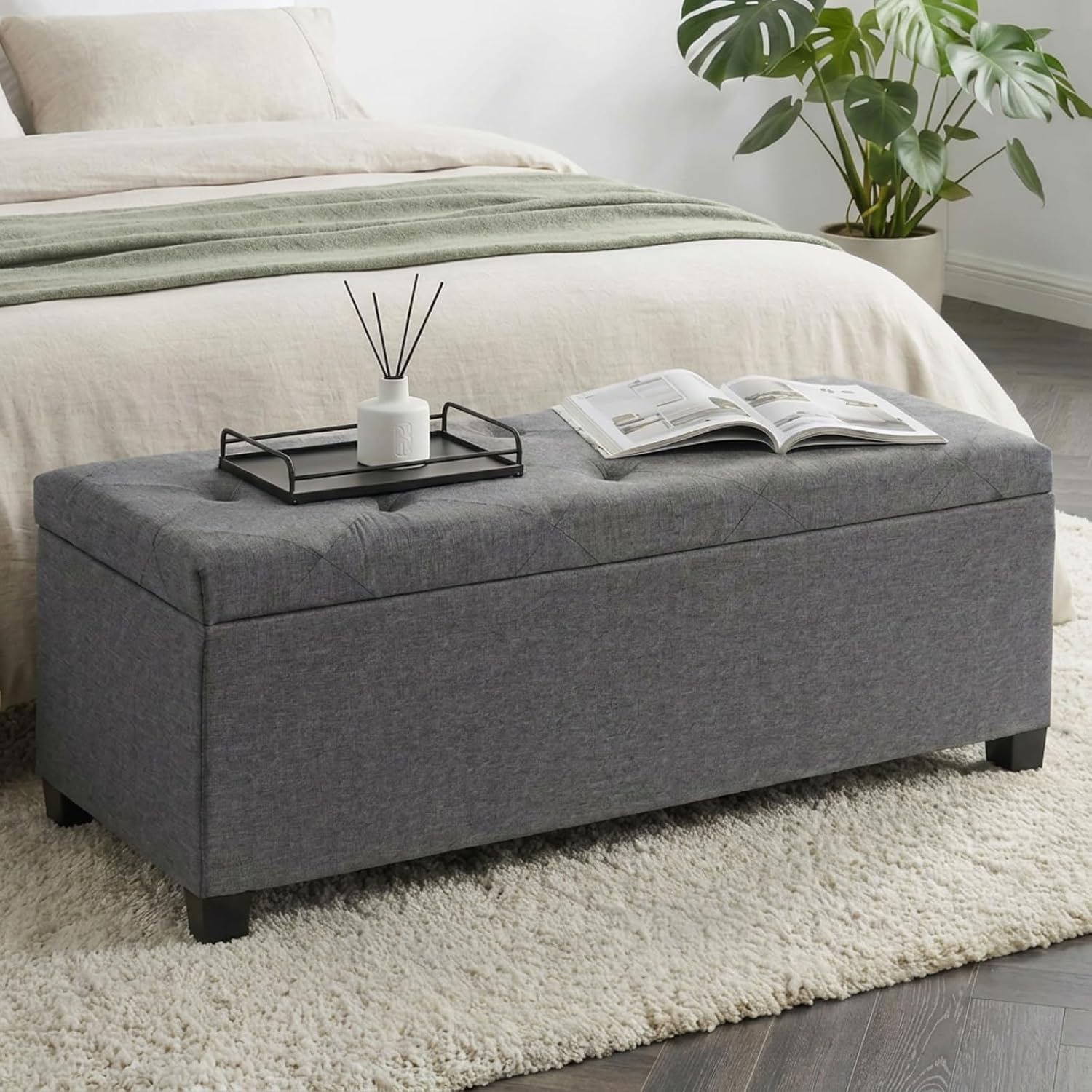 DUMOS Storage Ottoman Bench, 43.3 Inch End of Bed Bench for Living Room | 27 Gallon Steel Frame Linen-Look Fabric Chest, Removable Cover, 250lb Capacity, Bedroom Entryway, Dark Grey