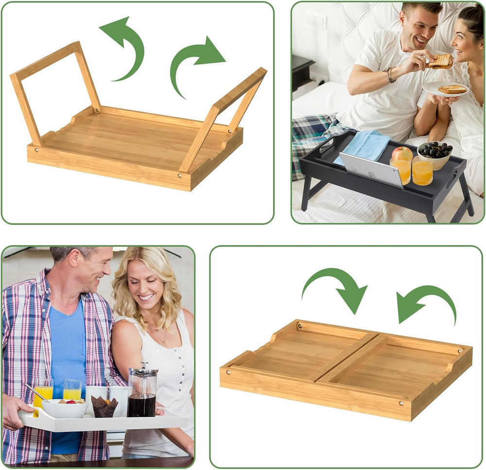 Round Side Table for Small Spaces，Bamboo Bed Tray Table with Foldable Legs