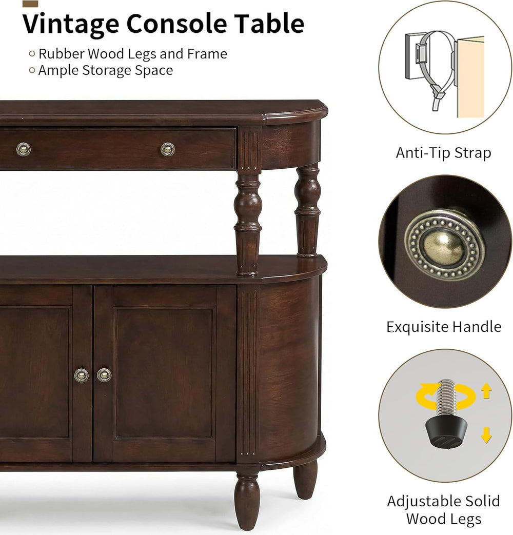 Curved Console Table with Solid Wood Legs, 47" Half Moon Sofa Table with...