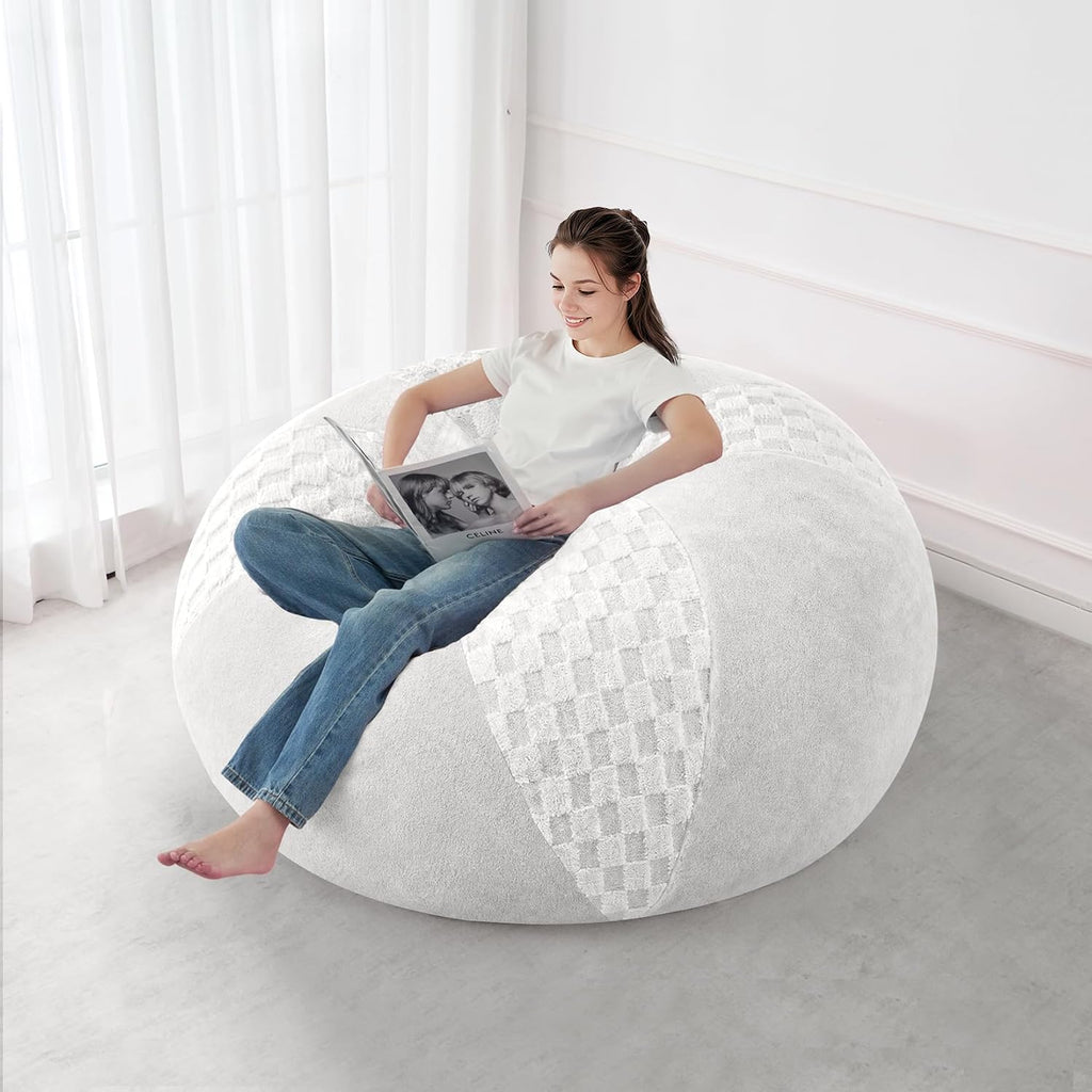HABUTWAY Adults Bean Bag Chair, Teardrop Beanbag with Memory Foam Filled | Bean Bag Sofa With Removable Cover, Cozy Boneless Chair with Handle for Living Room, Bedroom (Checkerboard White 4FT)