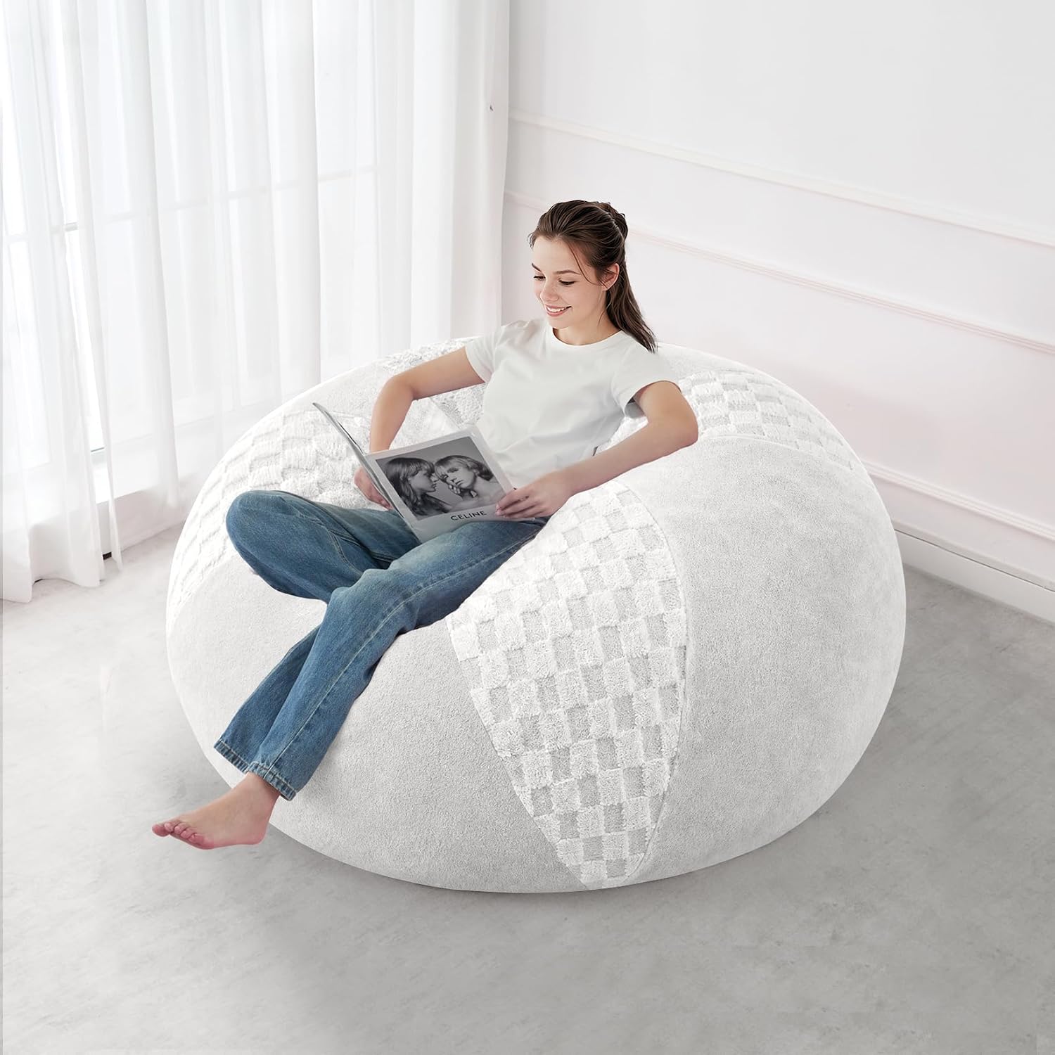 HABUTWAY Adults Bean Bag Chair, Teardrop Beanbag with Memory Foam Filled | Bean Bag Sofa With Removable Cover, Cozy Boneless Chair with Handle for Living Room, Bedroom (Checkerboard White 4FT)