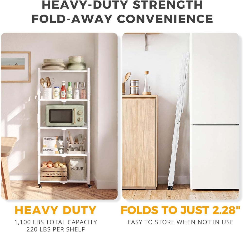 Folding Shelves No Assembly, 5 Tier Foldable Storage Shelves with Wheels, 220...