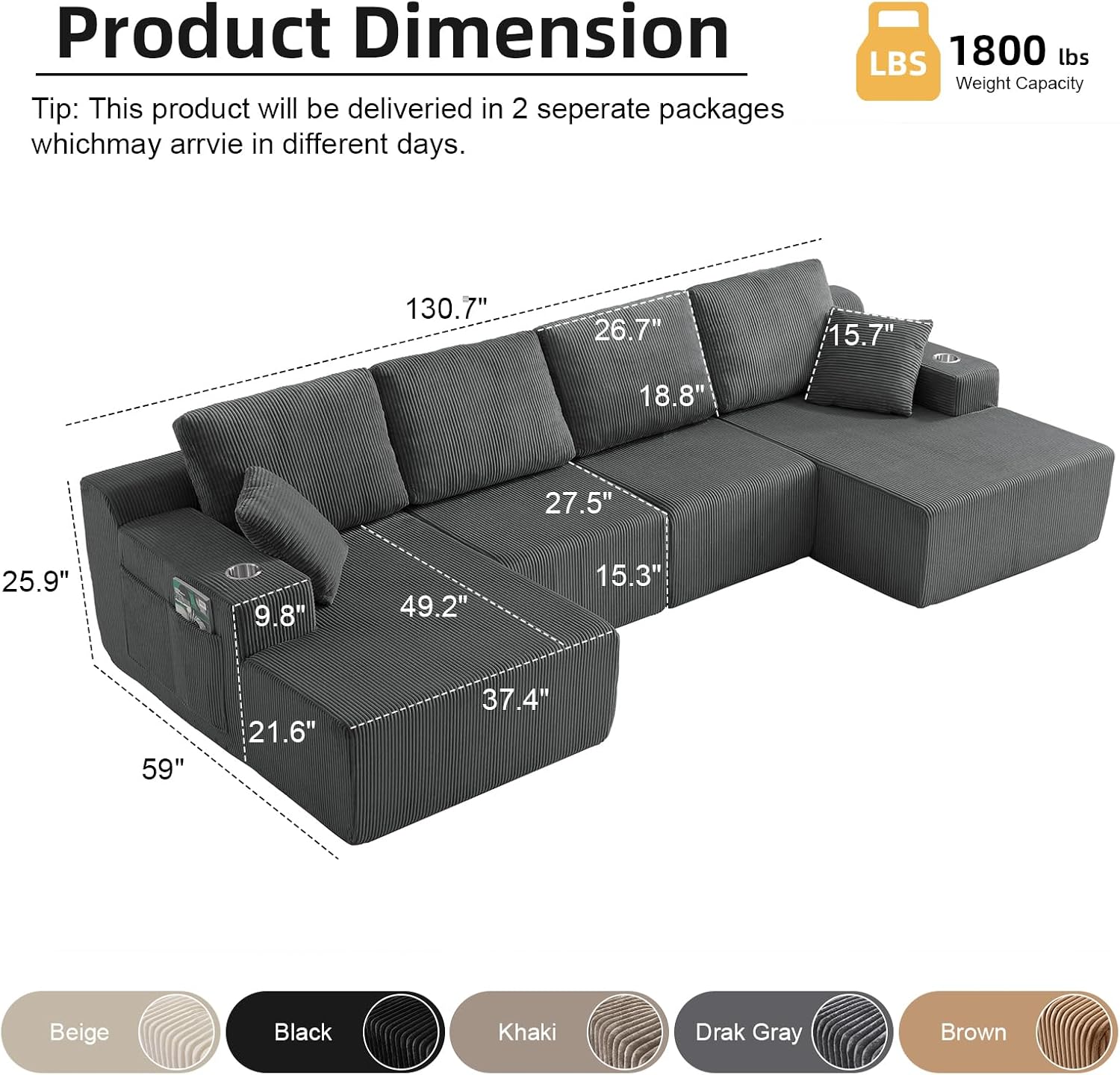 130" U-Shaped Modular Sectional Sofa with Chaise | Boneless Corduroy Flexible Module Seating for Living Room, Cloud Couch with Cup Holders and Side Pockets, No Assembly (Grey)