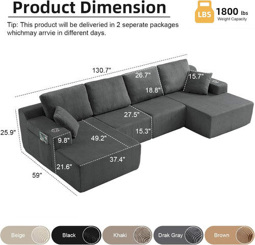 130" U-Shaped Modular Sectional Sofa with Chaise | Boneless Corduroy Flexible Module Seating for Living Room, Cloud Couch with Cup Holders and Side Pockets, No Assembly (Grey)