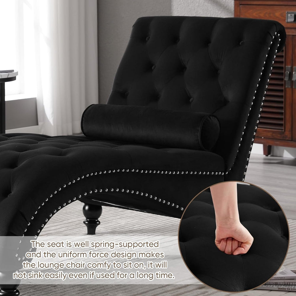 Black Velvet Chaise Lounge Indoor with Toss Pillow, Modern Pink Chaise Lounge...