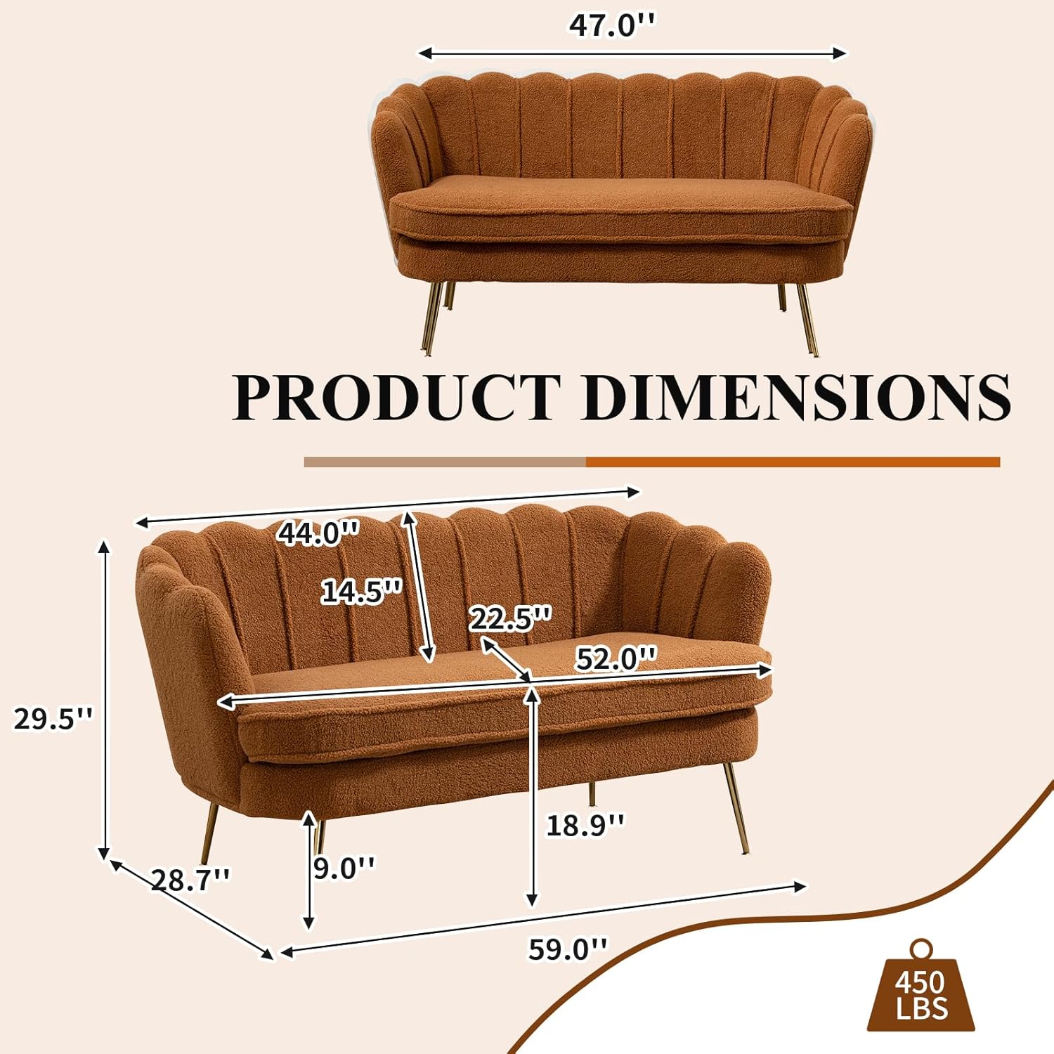 59" Wide Loveseat Sofa, Chenille Upholstered Small Couch | Petal-Shaped Design, Modern Leisure Sofa with Gold Metal Legs, 450LBS Solid Support, Mini Room Couch for Bedroom, Caramel