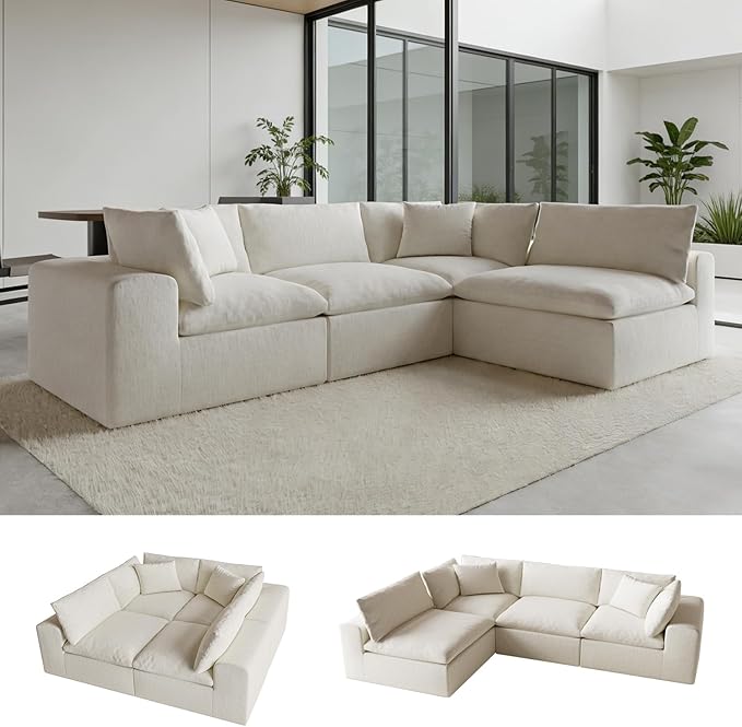 130" Modern Modular L Shaped Couch, Sectional Couches for Living Room, Deep Seat Cloud Couch, No Assembly Required Sleeper Sofa, Boneless Couches with Armrests, White
