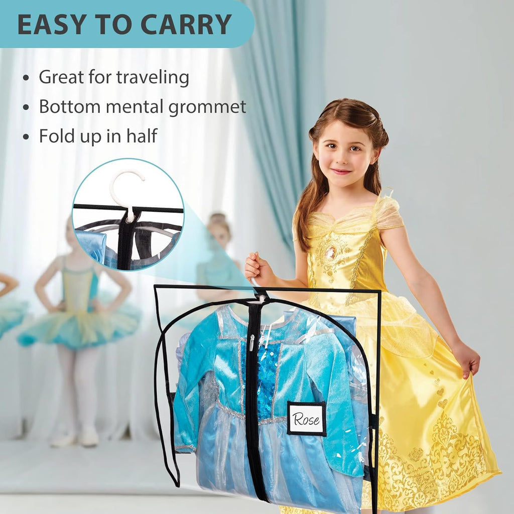 SLEEPING LAMB 6 Packs Clear Dance Garment Bags for Dancers with 4 Pockets, 40" Kids Dance Costume Garment Bag for Travel and Dance Competition, Hanging Clothes Storage for Dress, Uniform, Black