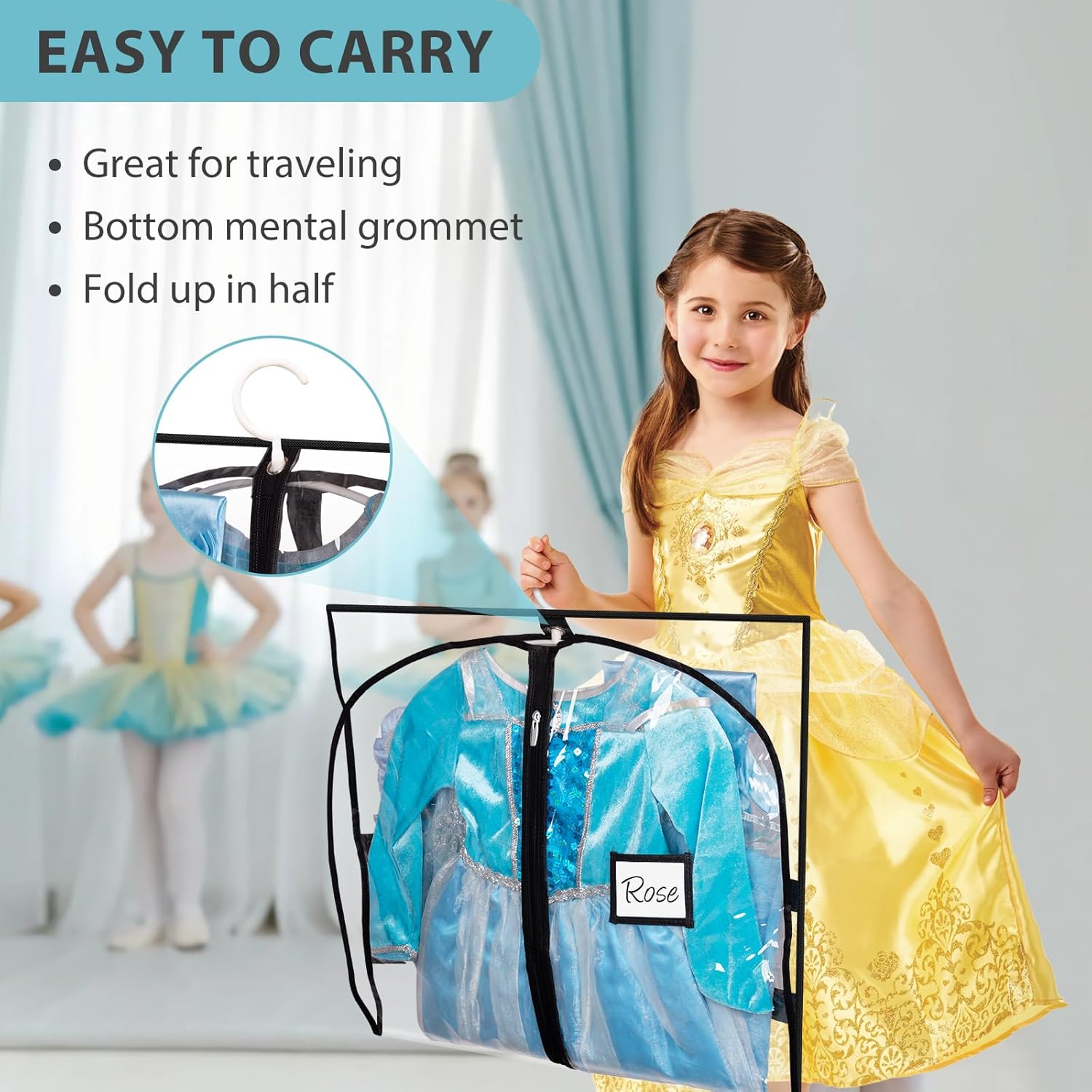 SLEEPING LAMB 6 Packs Clear Dance Garment Bags for Dancers with 4 Pockets, 40" Kids Dance Costume Garment Bag for Travel and Dance Competition, Hanging Clothes Storage for Dress, Uniform, Black