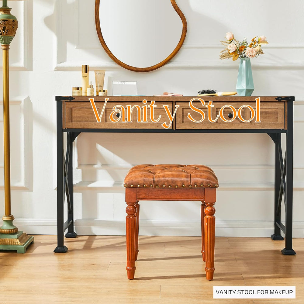 Microfiber Leather Vanity Stool for Makeup,Solid Wood Carvied Vanity Bench Se...