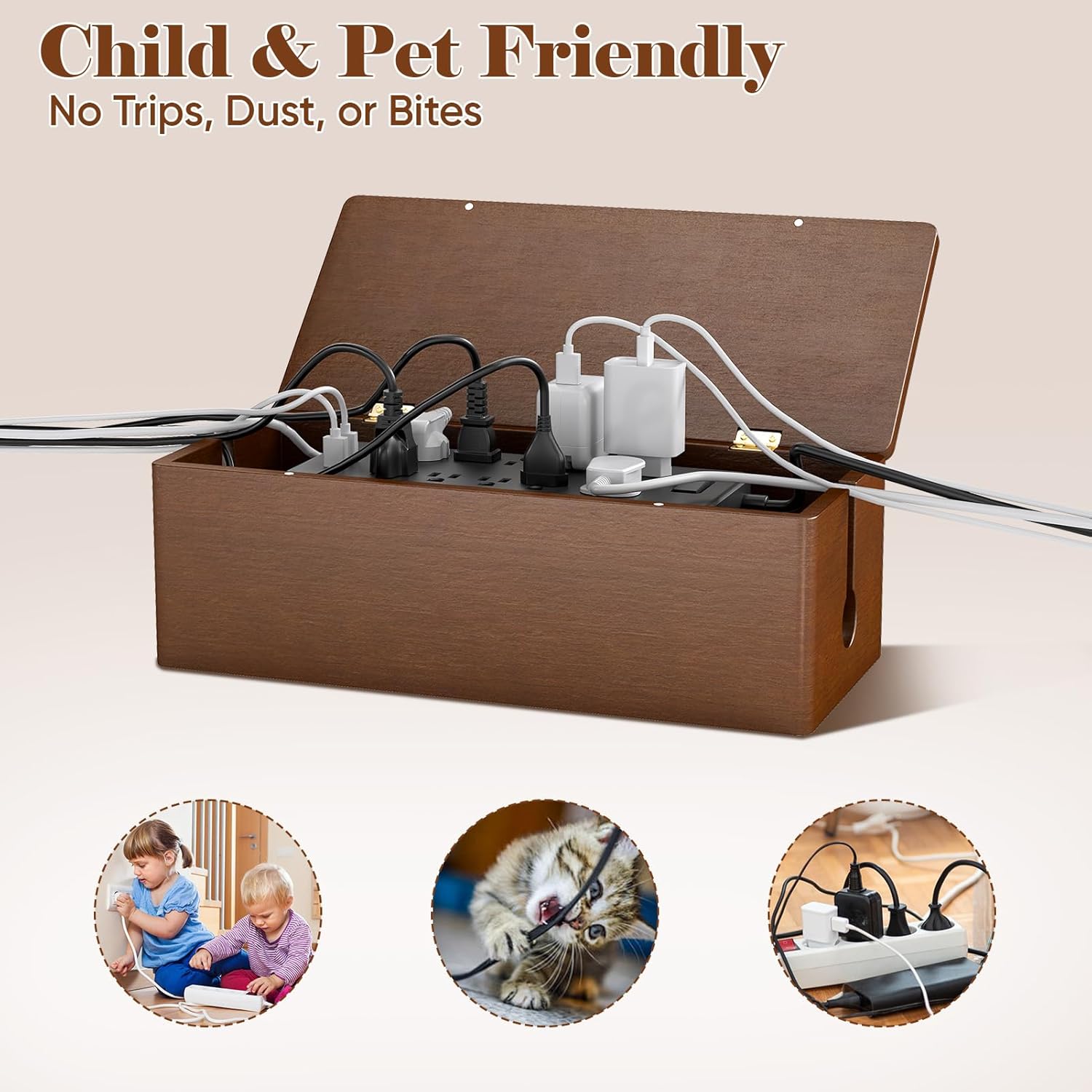 Delamu Cable Management Box Wooden with Magnetic Lid, Duty Desk Cord Organizer Power Strip Cover Box with Ventilation for Desk, Floor, Home Office, Baby Pets Safe Storage Solution