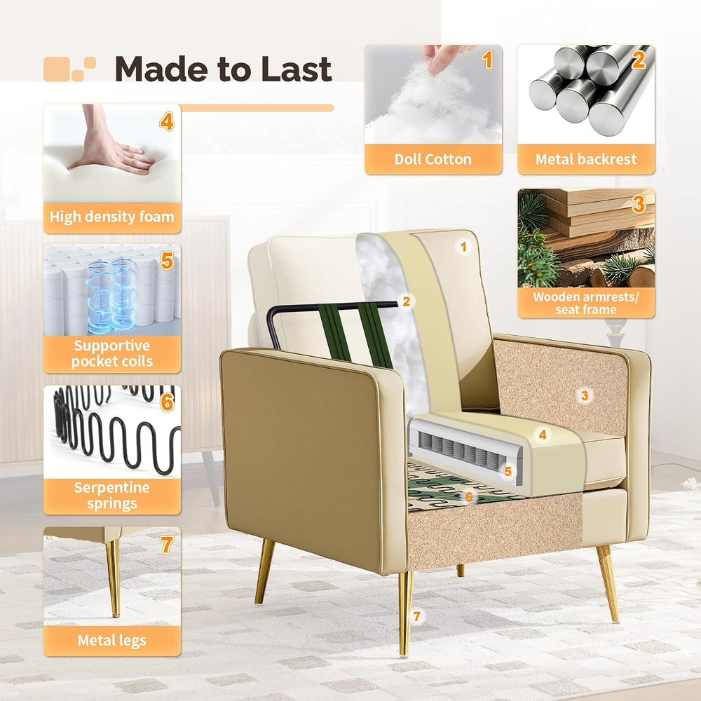 VINGLI Faux Leather Accent Chairs Set of 2 with Gold Legs for Living Room | B...