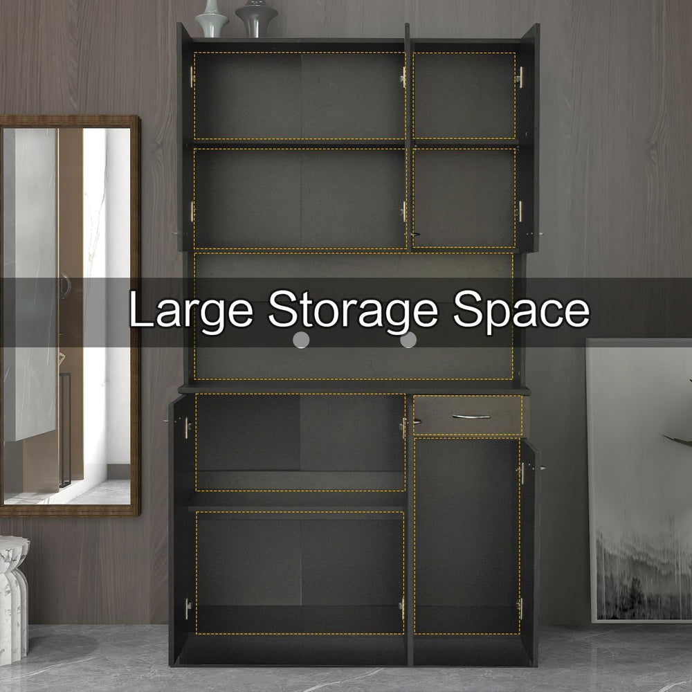 71" Black Kitchen Pantry Cabinets with Microwave Stand, 6 Doors & 3 ...
