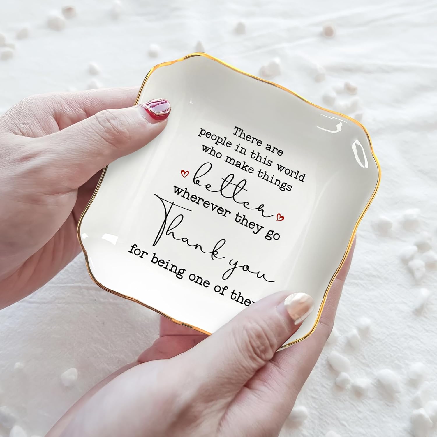 OASSIE Thank You Gifts for Women - 4"x4" Ceramic Jewelry Dish Tray | Gifts for Women, Appreciation Decor, Gold Trim Design, Ring Dish for Women, Polished Finish, Ready to Gift