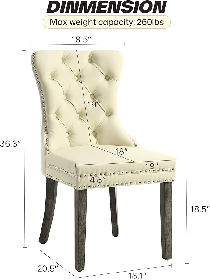 KCC Faux Leather Dining Chairs Set of 6, Upholstered High-end Tufted Dining Room Chair with Nailhead Back Ring Pull Trim Solid Wood Legs, Contemporary Nikki Collection Modern Style for Kitchen, Beige