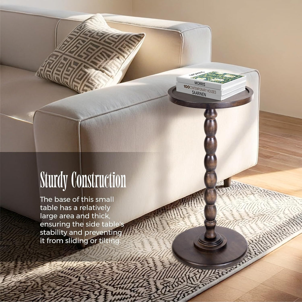 Solid Wood Round Pedestal Side Table with Tray-Top Rim – Bobbin Turned Accent...