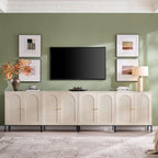 Modern TV Stands for 85 Inch TVs, 123.5‬"W Wood Entertainment Center w/Adjustable Shelves, Mid Century Modern TV Stand w/Arched Fluted Doors, Media Console Cabinet for Living Room, Cream