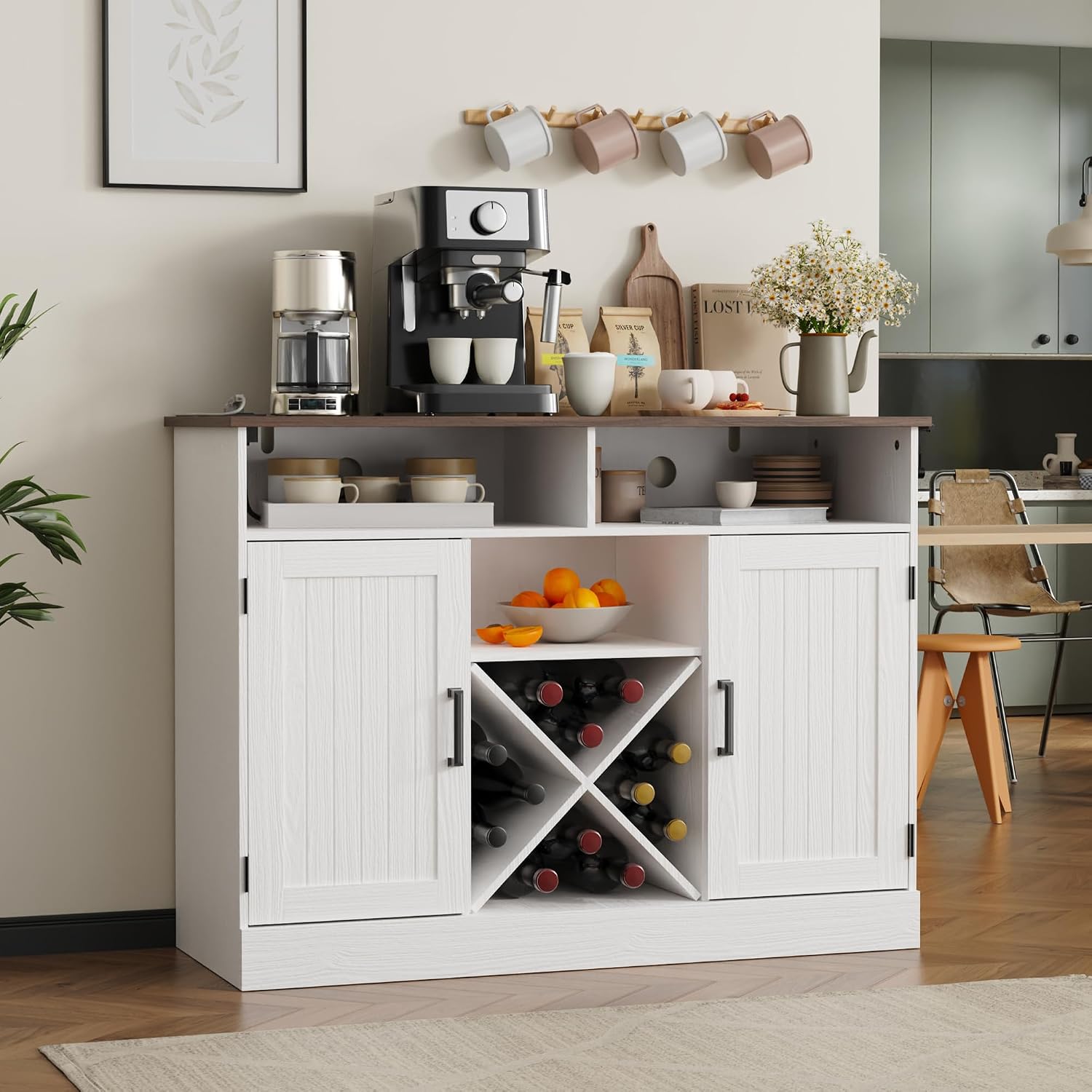 MHOM Farmhouse Coffee Bar Cabinet with Prower Outlets, Rustic Liquor Cabinet with Wine Rack, Wooden Wine Cabinet for Dining Room & Living Room, White