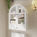 BLANKSPACE Bathroom Curved Wall Cabinet with Drawer, Over The Toilet Organizer for Bathroom White Storage Cabinet with Glass Door and Soft Closing