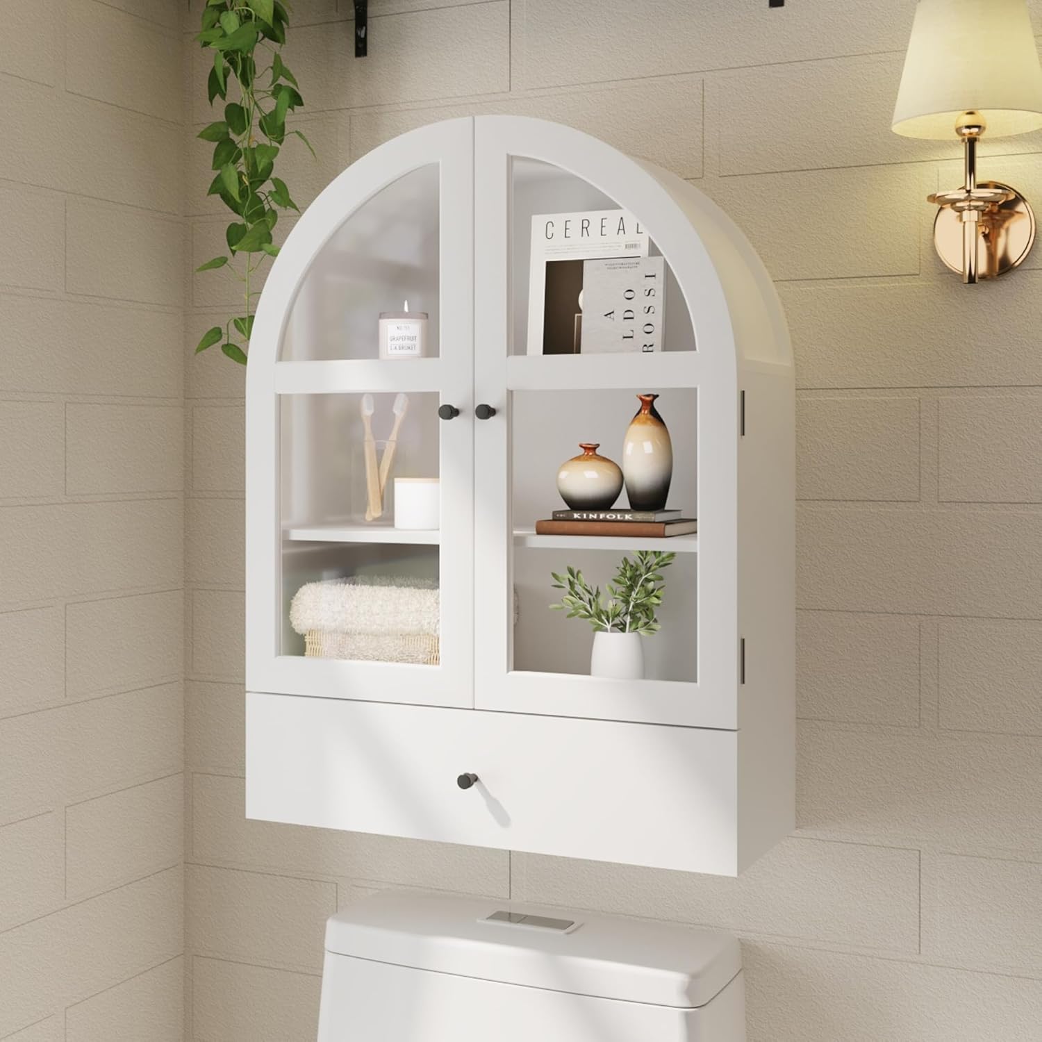 BLANKSPACE Bathroom Curved Wall Cabinet with Drawer, Over The Toilet Organizer for Bathroom White Storage Cabinet with Glass Door and Soft Closing