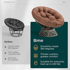 Bme 40" Ergonomic Wicker Papasan Chair with Soft Thick Density Fabric Cushion, High Capacity Steel Frame, 360 Degree Swivel for Living, Bedroom, Reading Room, Lounge, Cinnamon Mocha - Brown Base