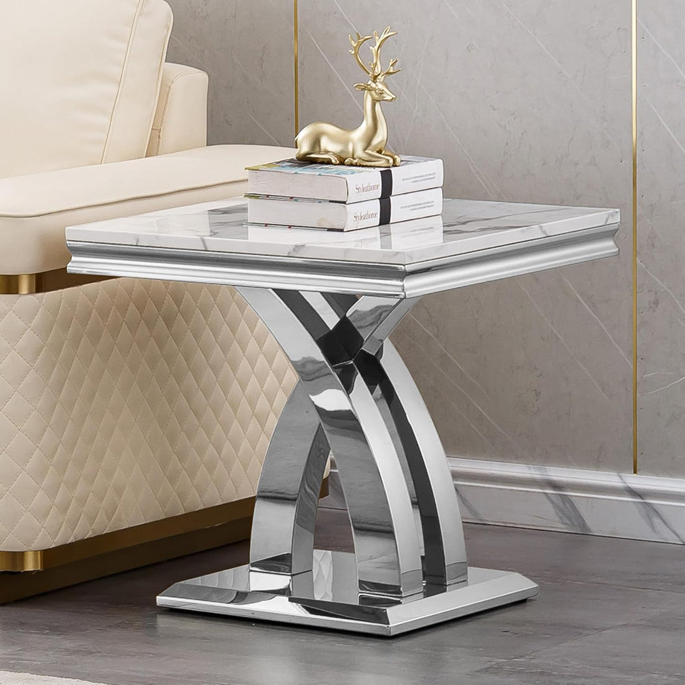 Modern Marble End Table Luxury White Faux Marble Sofa Side Table with Silver ...