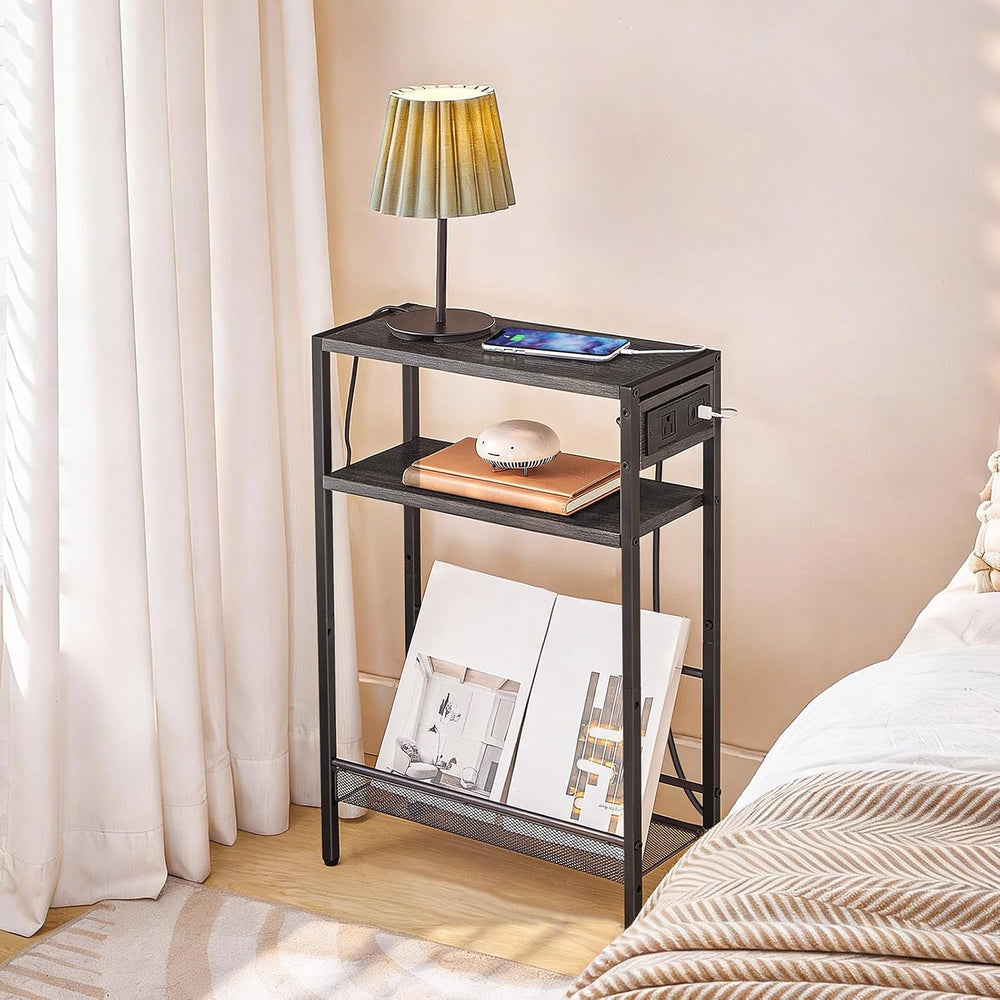 HOOBRO Small Narrow Side Table with Charging Station, Skinny End Table for Sm...