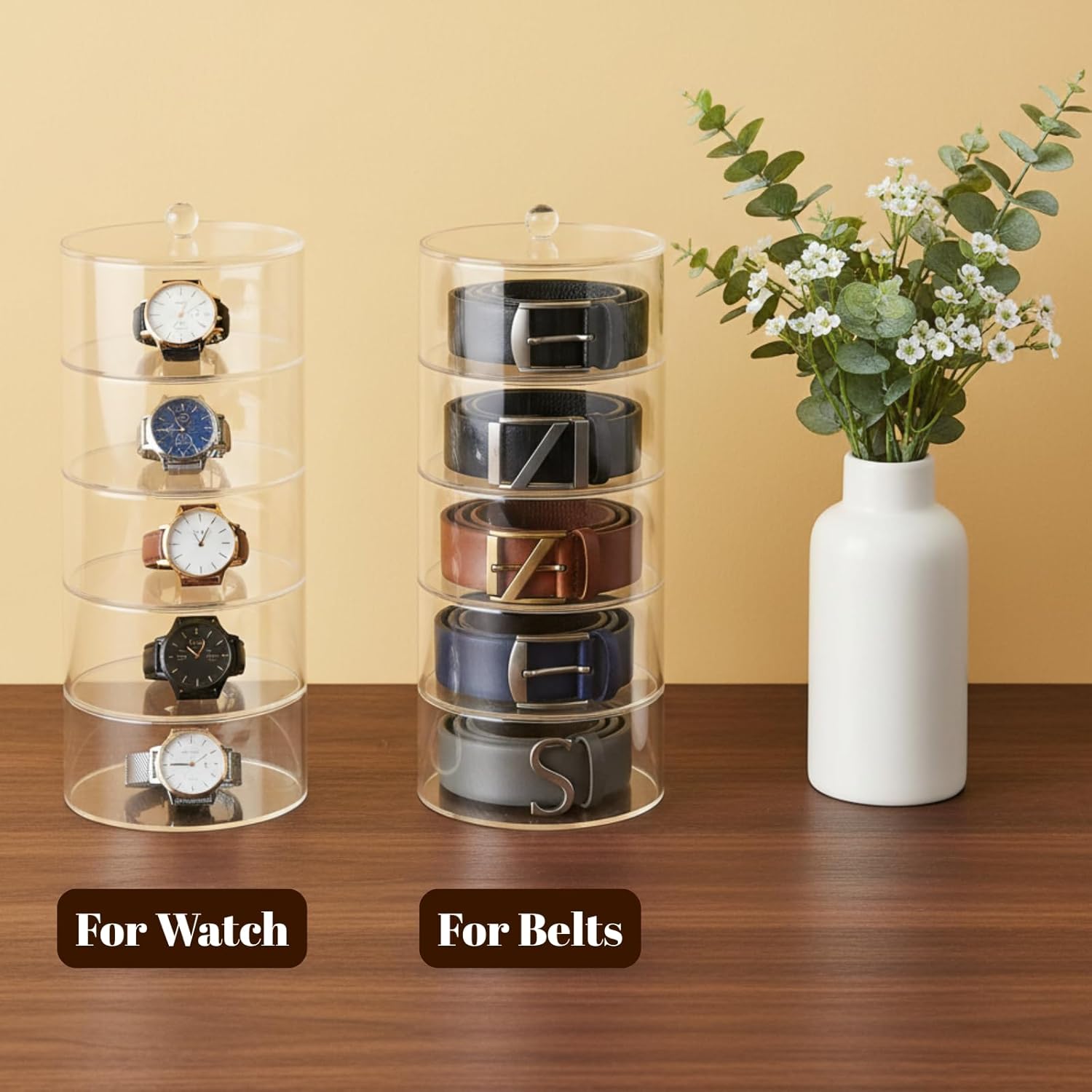ZENFUN 5 Layers Acrylic Belt Organizer, Stackable Belt Storage Box Clear Display Case Vanity Organizer for Watch, Hair Accessories, Jewelry, Closet and Drawer, 2.6" H x 5.5" Dia