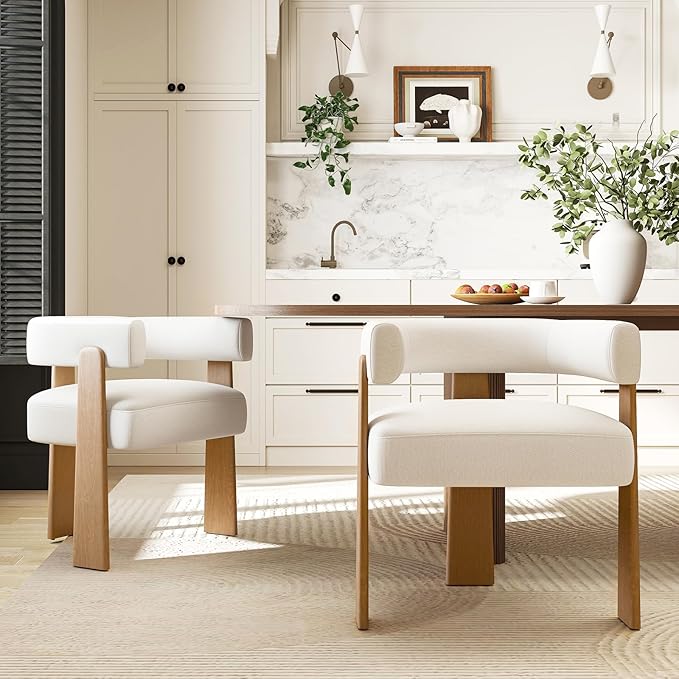 Set of 2 Modern Boho Barrel Dining Chairs with Wood Legs, White Upholstered Accent Armchairs with Thick Padded Cushion for Kitchen, Minimalist Natural Chic Chairs for Living Room