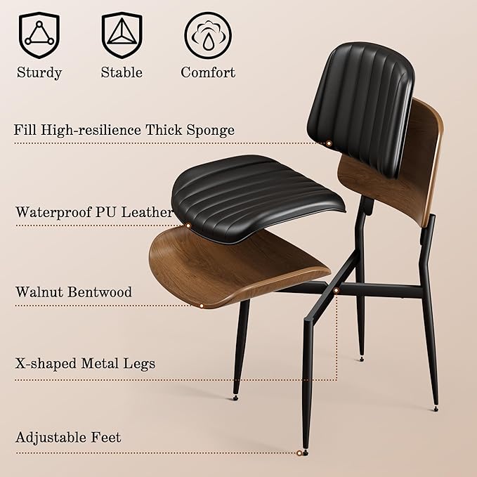 Dining Chairs Set of 6, Mid-Century Modern Upholstered PU Leather Chairs with Walnut Bentwood Back and Metal Legs Adjustable Feet for Kitchen Dining Living Room, Dark Black Vertical Stripes