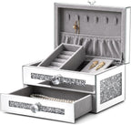 Mirrored Jewelry Box for Women,2-Layer Glass Jewelry Organizer with Lid & 1 Drawer, Silver Crushed Diamond Home Decor, Gift Idea for Her (9.3" L x 6.3" W x 5.1" H)