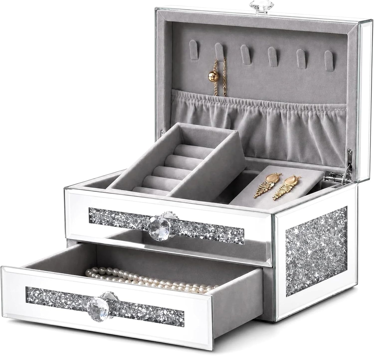 Mirrored Jewelry Box for Women,2-Layer Glass Jewelry Organizer with Lid & 1 Drawer, Silver Crushed Diamond Home Decor, Gift Idea for Her (9.3" L x 6.3" W x 5.1" H)