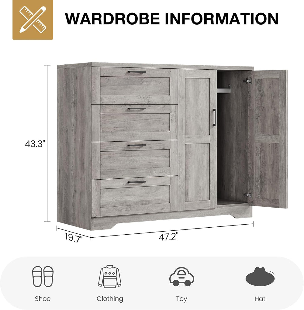 IDEALHOUSE 43.3'' H Armoire Wardrobe Closet with 4 Drawers and 2 Door...